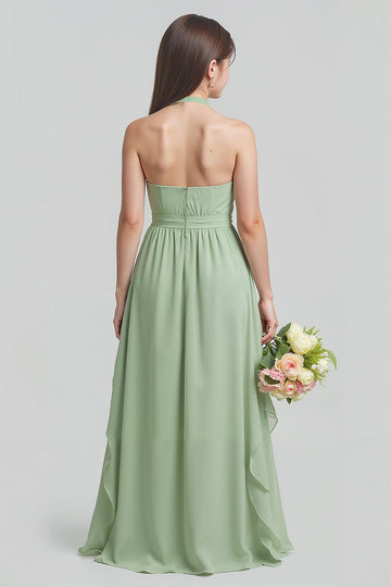 Sage Green Chiffon Halter A-Line Long Junior Bridesmaid Dress